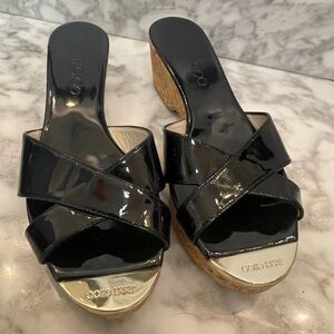 Jimmy Choo Black Patent Leather Pandra Sandal Cork Wedges, Gold Toe, Size 37/7